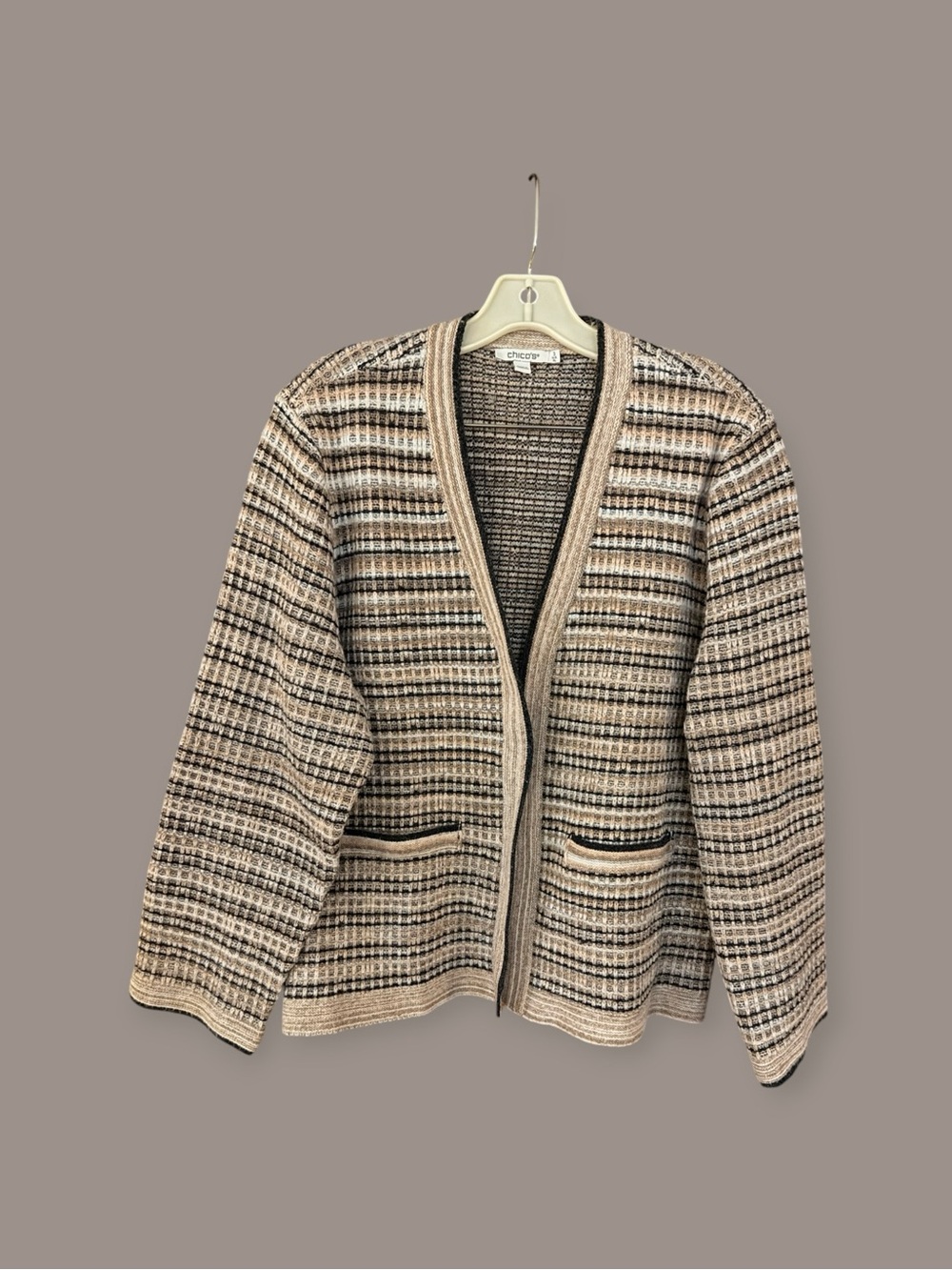 Chico's Beige Black Cream Striped Open-Front Cardigan
